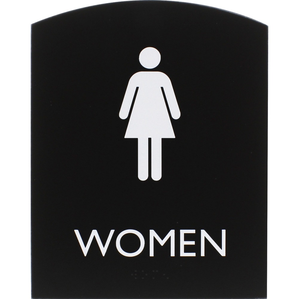 LLR02674 - Restroom sign for women features a tamper-resistant, protective lens to keep your sign looking like new for lasting readability. Female pictogram and capital letters that display the word women are colored white and positioned on top of a black background for a professional look. ADA-compliant sign also includes braille that is directly below the text to ensure everyone can read the message. Included foam tape secures instantly to surfaces for quick display in a visible location.