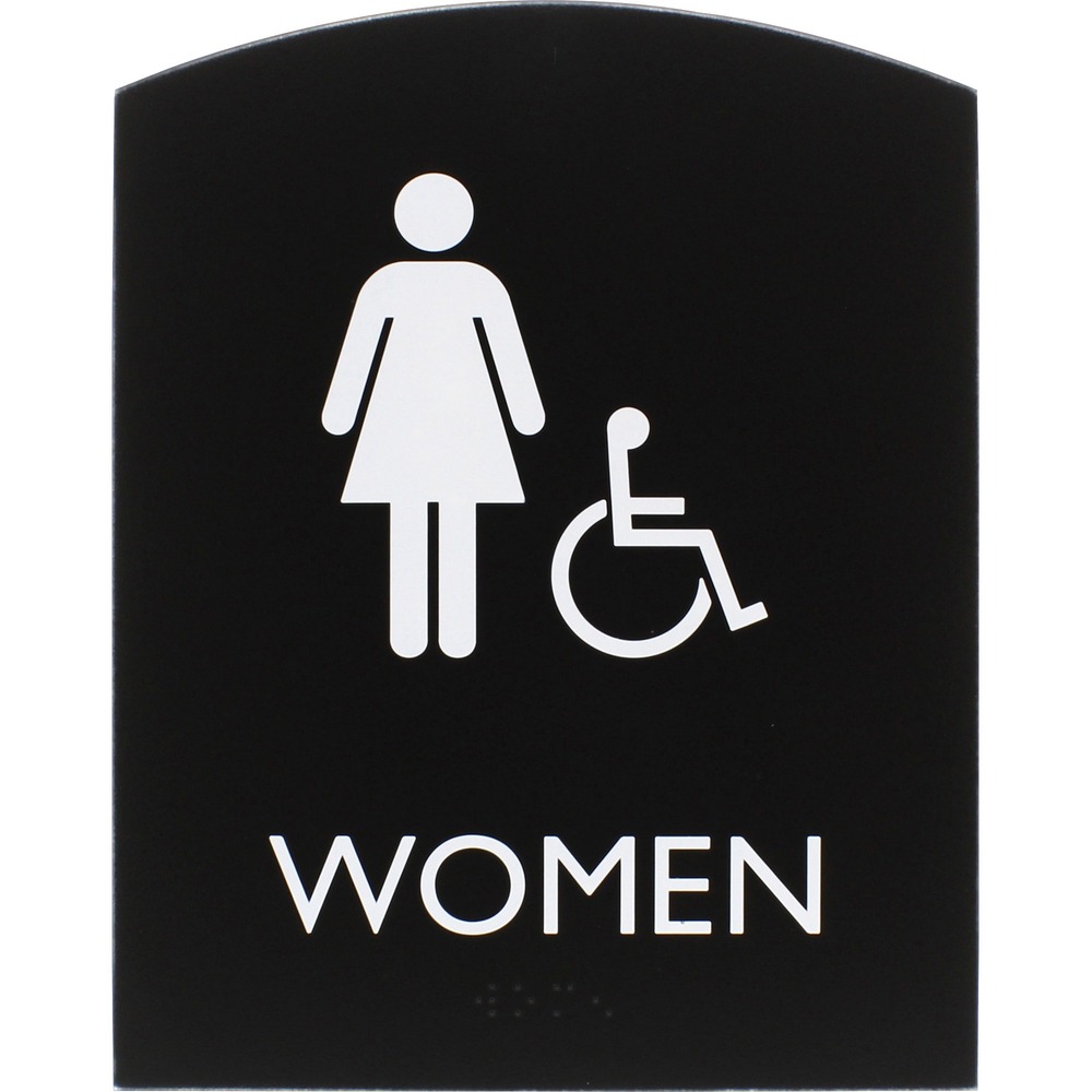 LLR02675 - Accessible restroom sign for women features a tamper-resistant, protective lens to keep your sign looking like new for lasting readability. Female pictogram, accessible pictogram and capital letters that display the word women are colored white and positioned on top of a black background for a professional look. ADA-compliant sign also includes braille that is directly below the text to ensure everyone can read the message. Included foam tape secures instantly to surfaces for quick display in a visible location.