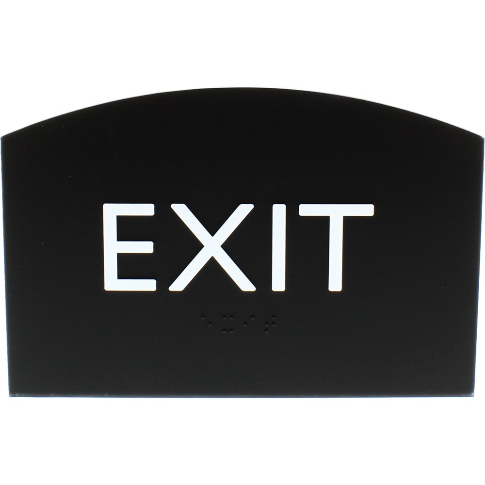 LLR02680 - Exit sign with a curved top features a durable plastic frame to provide a sturdy display that will hold up for years. Bold, capital letters that display the word exit are colored white and raised slightly on a black background for a professional look. ADA-compliant sign also includes braille that is directly below the text to ensure everyone can read the message. Included foam tape secures instantly to surfaces for quick display in a visible location.