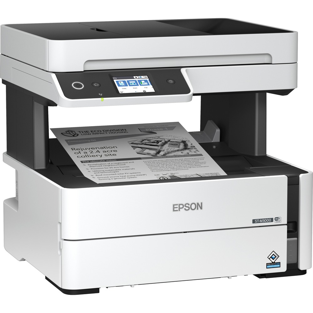 EPSC11CG93201 - WorkForce ST-M3000 Monochrome Supertank Printer, powered by PrecisionCore, offers worry-free, cartridge-free printing with an easy-to-fill, super-size ink tank. Save up to 80 percent with cost-efficient replacement bottles vs. monochrome laser toner. Included ink prints up to 11,000 pages in black. PrecisionCore Heat-Free technology delivers ultra-sharp text and remarkable image detail with lower power consumption. Print as fast as 20 ppm in a maximum resolution of 1200 x 2400 dpi. Printer features a 250-sheet input tray; 30-page automatic document feeder (ADF); and automatic, two-sided printing. Print, copy, scan and fax all with the same device for optimal convenience. Scan and fax one-sided documents with ease. Connect to a wireless or wired network to easily print. Versatile connectivity lets you print right from your mobile device.