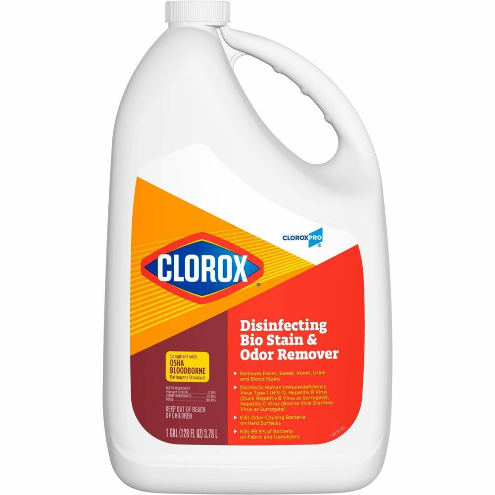CLO31910 - CloroxPro Disinfecting Bio Stain and Odor Remover disinfects and removes the toughest odors and stains in one step. This bleach-free, stain and odor remover uses hydrogen peroxide technology to kill HIV, herpes and flu virus in 30 seconds, kills hepatitis B and hepatitis C in 1 minute, and kills norovirus, E. coli, Salmonella and MRSA in 5 minutes. It meets EPA criteria for use against SARS-CoV-2, the virus that causes COVID-19. Compliant with OSHA Bloodborne pathogens standard, this stain and odor remover works on stains from blood, feces, vomit, sweat, saliva and urine. Versatile disinfectant can be used to clean many different hard and soft surfaces such as walls, tile, grout, concrete, carpet, fabrics, upholstery, toilets, countertops and mattresses, and it can even be used as a pre-treatment for laundry. It is ideal for hotels, daycare centers, schools, offices, restaurants and other commercial facilities. Packaging may vary.