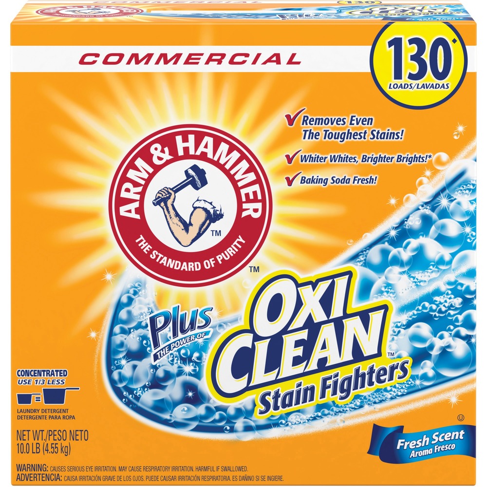 CDC3320000108 - Arm & Hammer laundry detergent gets your whites whiter and your brights brighter. Reformulated with the power of OxiClean stain-fighters, it packs more cleaning power in every scoop. Detergent is also made with real Arm & Hammer Activated Baking Soda. Its deep-cleaning formula helps remove tough stains and odors and prevent fading. Box of powder detergent yields 130 loads.