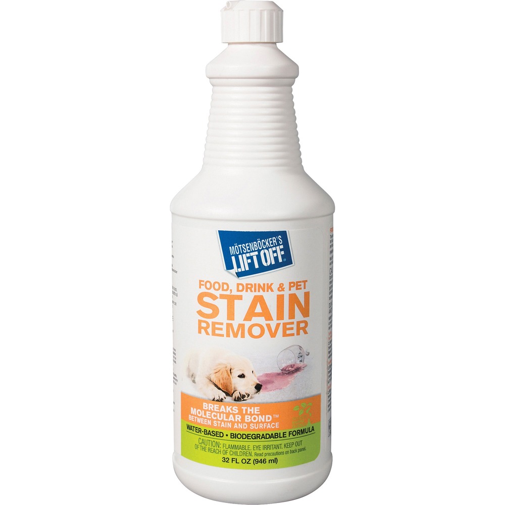 MOT40503 - Lift Off Food, Drink and Pet Stain Remover can remove old and new stains from a variety of surfaces, including carpets, upholstery, clothing and hard surfaces. Use to remove coffee, red wine, blood, tomato sauce, ketchup, grass, juice, punch, chocolate and more. Water-based, environmentally safe remover makes removal easier because it breaks the molecular bond between the stain and the surface. It works in conjunction with other Motsenbocker's Lift Off products.