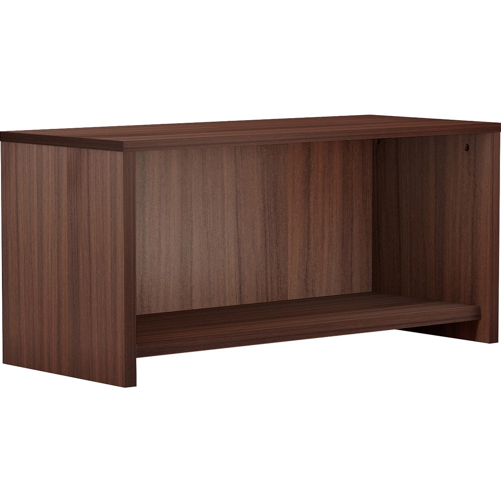 LLR18240 - Expand your overhead storage opportunities with this wall-mounted hutch. Use over a desk, lateral file and more to customize your work area. Wall-mounting means you don't have to use an exact width match. Espresso laminate and design match Lorell Essential Series furniture. In case you need privacy for your storage, door kits in glass and wood for this hutch are sold separately. Bottom panel and side panels are almost 1" thick (25mm). Back panel is approximately 5/8" (16mm) thick. Top panel is approximately 5/7" (18mm) thick. Design also includes 1mm and 3mm PVC edgebanding.
