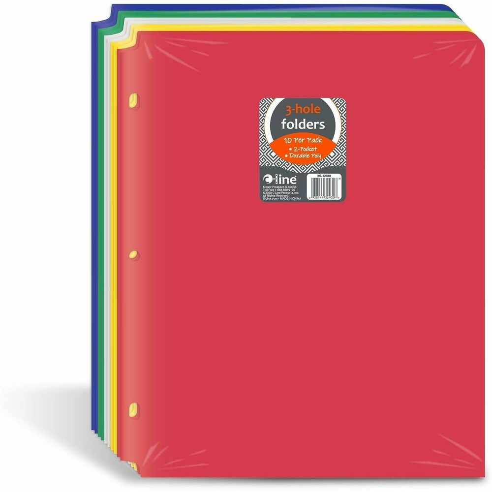 CLI32930 - Need some help keeping your three-ring binder in order With the help of these specialty two-pocket folders, letter-size papers can stay organized, while still remaining accessible. Two-pocket heavyweight polypropylene portfolios / folders with three-hole punch hold papers and resist tearing. Features three-hole punching for secure storage in standard 3-ring binders. Cut-outs at the top and bottom keep portfolio from being caught in binder open-close mechanism. Assortment includes 2 each red, yellow, green, blue and white. 10/PK