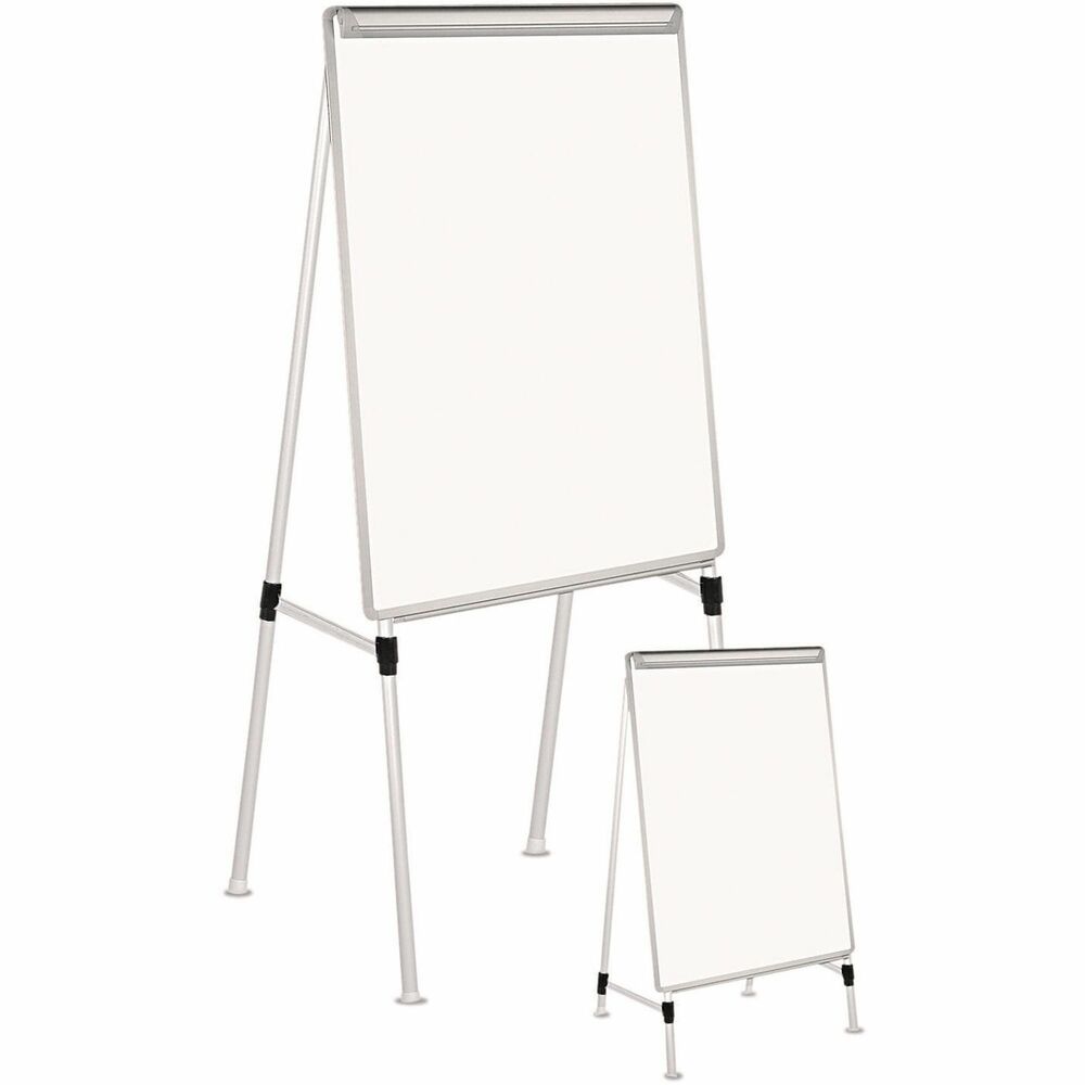 UNV43033 - Sturdy easel features an easy-to-clean dry-erase board with a useful no-pinch pad retainer, making it ideal for writing and presenting. Overall height is adjustable, allowing you to use it as a tabletop or floor stand. Appealing frame fits into any environment. Four-leg design ensures stability.