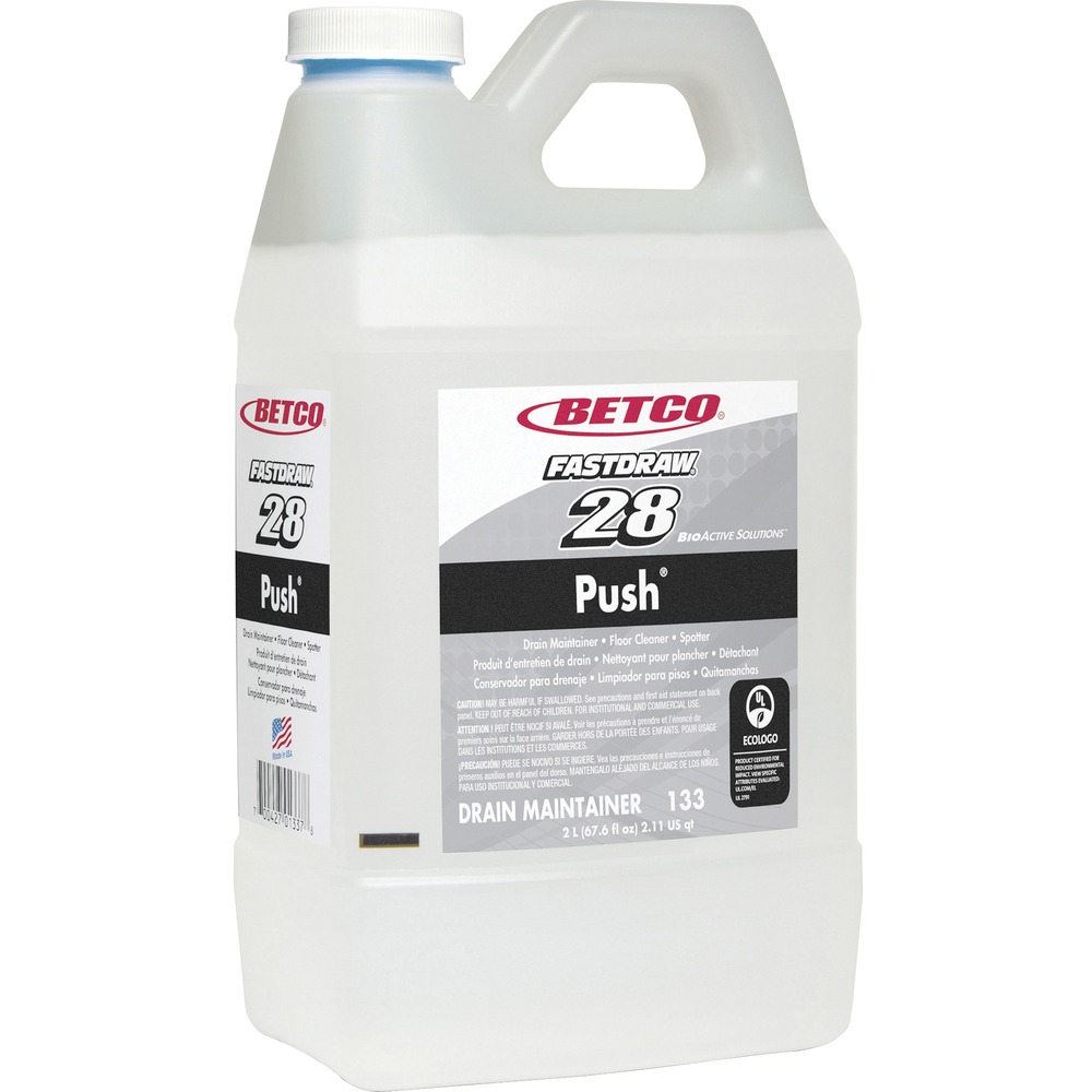 BET1334700 - Use Bioactive Solutions Push as a drain maintainer, floor cleaner and spotter. Use in grease traps, septic tanks, drain lines, down pipes, carpet odors and restroom floors. This stable liquid suspension of cultured bacteria and malodor counteractants is capable of digesting complex proteins, starches, fats, oils and greases, paper, vegetable gums, hair and other organic waste. The enzyme-producing bacteria is more economical and efficient than using massive doses of enzymes alone to degrade waste and eliminate the source of odors. Bioactive Solutions Push is noncorrosive, nonflammable, nonacid and noncaustic. As part of the FastDraw system, it is numbered (FastDraw 28) and color-coded to eliminate misuse. Spill-proof bottle helps prevent chemical contact with cleaning staff. Patented technology uses two metering tips for low-flow and high-flow dilution. Curved siphon tubes on the FastDraw Dispensers (not included) allow complete product evacuation, eliminating waste.