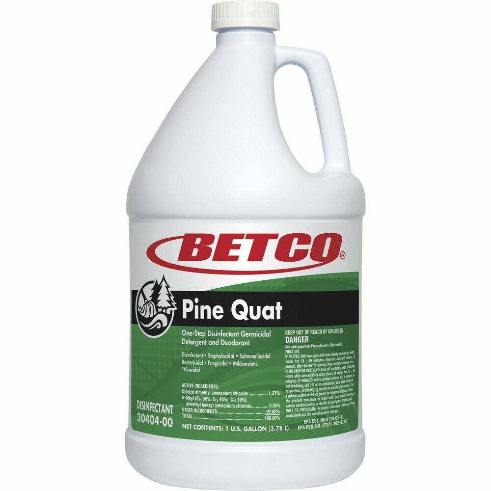 BET3040400 - Pine Quat Disinfectant cleans and deodorizes without leaving a film or dulling surfaces. This neutral pH disinfectant is simple to use. It cleans, deodorizes and disinfects in one easy operation. Neutral pH means no harsh alkali to attack floor finish. Cleaner/disinfectant/cleaner leaves a pleasant pine fragrance.