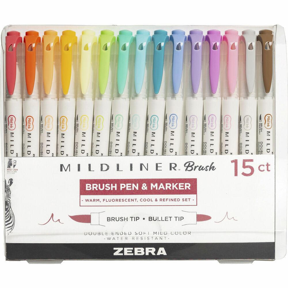 ZEB79115 - Mildliner Brush Double-ended Creative Markers feature a double-ended design to provide both a paint brush-like tip and fine-tip marker in one writing tool. Soft, mild ink is translucent to easily layer colors and will not bleed through. Brush tip is like an artist's brush to create thick or thin strokes. Fine tip creates sharp, precise lines for detailed use. Reusable storage case keeps everything neatly organized. Pigment-based ink is water-resistant and acid-free for lasting results.