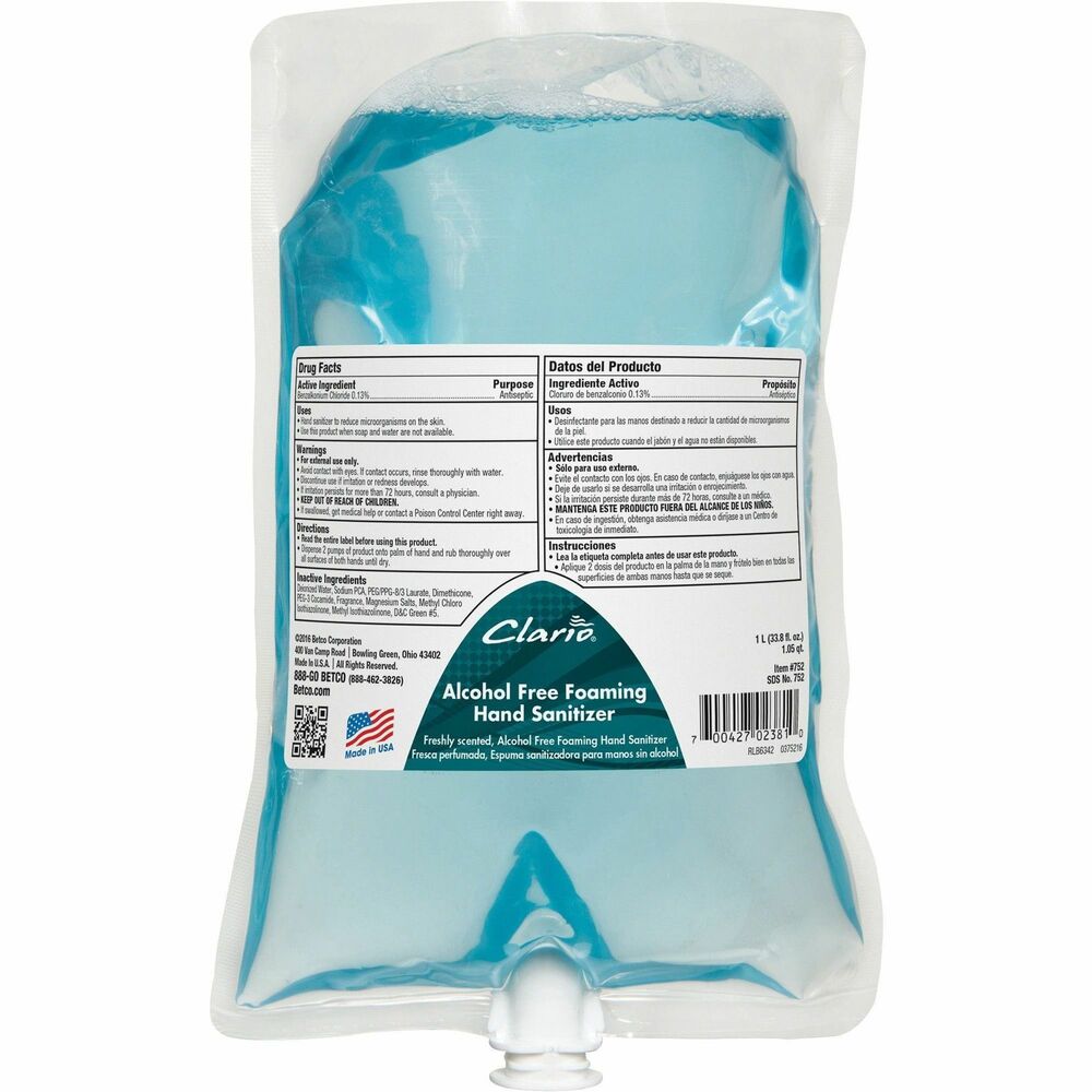 Betco Clario Hand Sanitizer Foam Refill - Fresh Neutral Scent - 1.06 quart - Bacteria Remover, Kill Germs - Hand, Skin - Green - Pleasant Scent - 1 Each