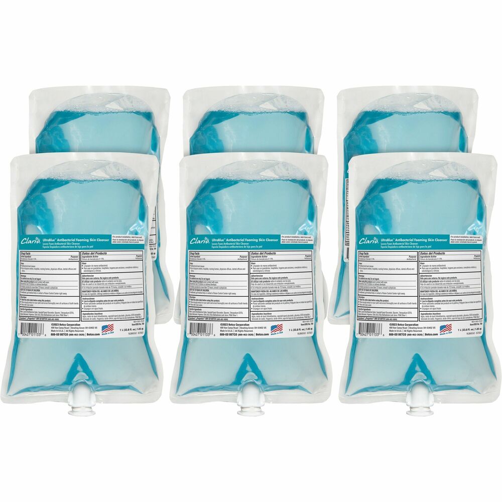 BET7592900 - Ultra-Blue Antibacterial Foaming Skin Cleanser contains 0.13 percent benzalkonium chloride for rapid broad-spectrum germ-kill. It meets FDA and CDC requirements for handwashing. The quick-lathering cleanser in a 1000 ml. Clario bag is gentle on skin, moisturizing while leaving a pleasant fragrance (Clean Ocean). It will not cause dryness or skin irritation, encouraging frequent handwashing. Sealed packaging keeps premium skin cleanser free of contaminants, and the design allows 99 percent product evacuation. More from the Manufacturer