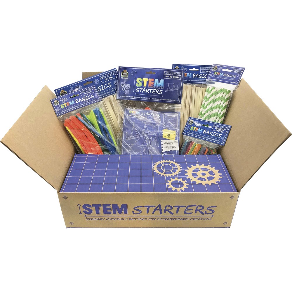 TCR2087801 - STEM Starters Kit provides students with essential tools to complete hands-on projects. These materials can be used to design and execute a project using creative exploration and the engineering design process. By approaching a problem or a challenge with this thought process, children can make educated guesses, problem-solve and learn without the fear of making a mistake. Kit includes zip-liner racers, craft sticks, mini craft sticks, skinny craft sticks, paper straws and pipe cleaners. STEM Starters Kit is perfect for individuals or small groups.
