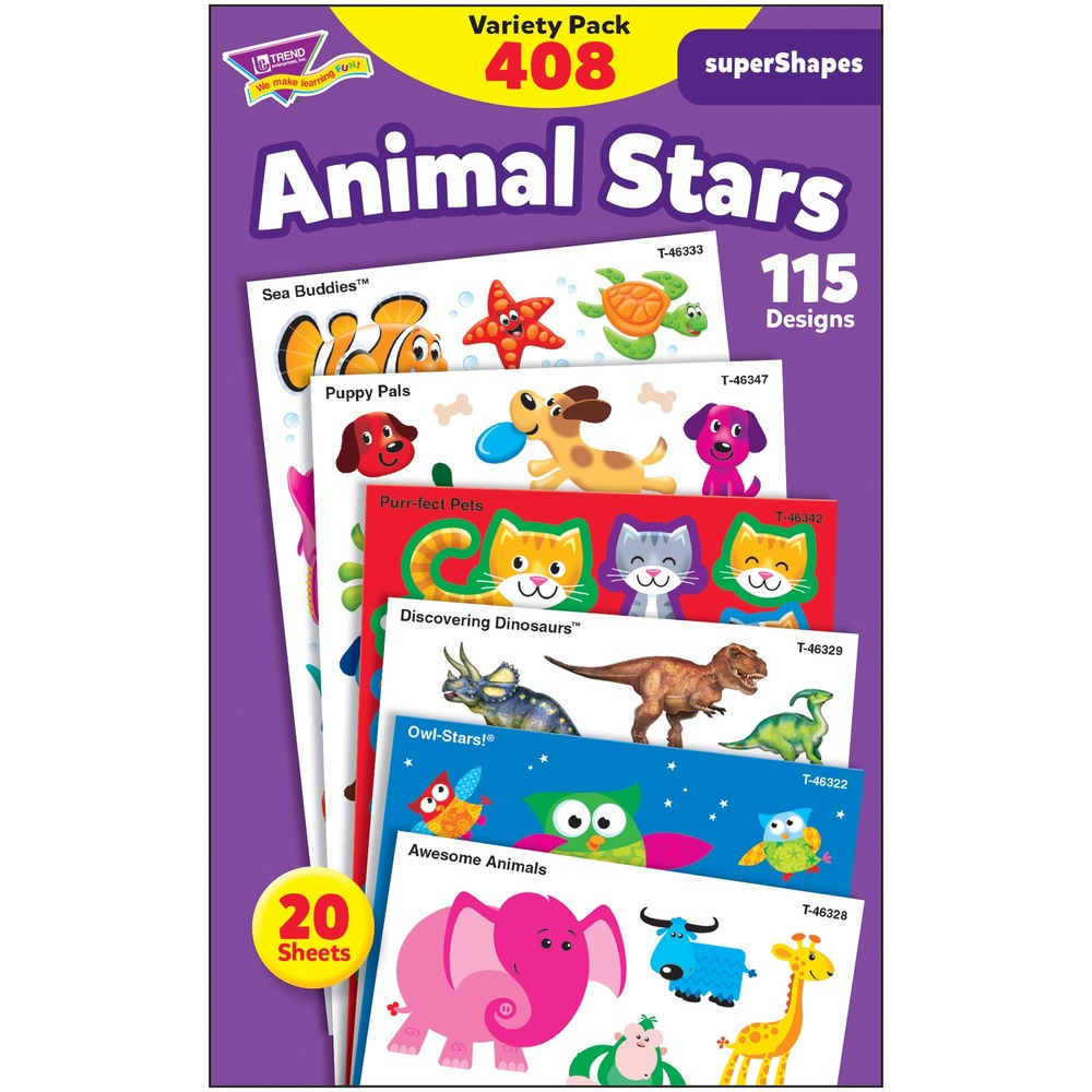 TEP46928 - These superShapes Stickers are a big hit with young students. They're just the right size to put on homework and reward good behavior. They are perfect for incentive charts and pads, notes, awards and art projects. This variety pack includes Sea Buddies, Puppy Pals, Purr-fect Pets, Discovering Dinosaurs, Owl-Stars and Awesome Animals. Stickers are acid-free, nontoxic and safe for use on photos. Variety pack includes 115 designs.
