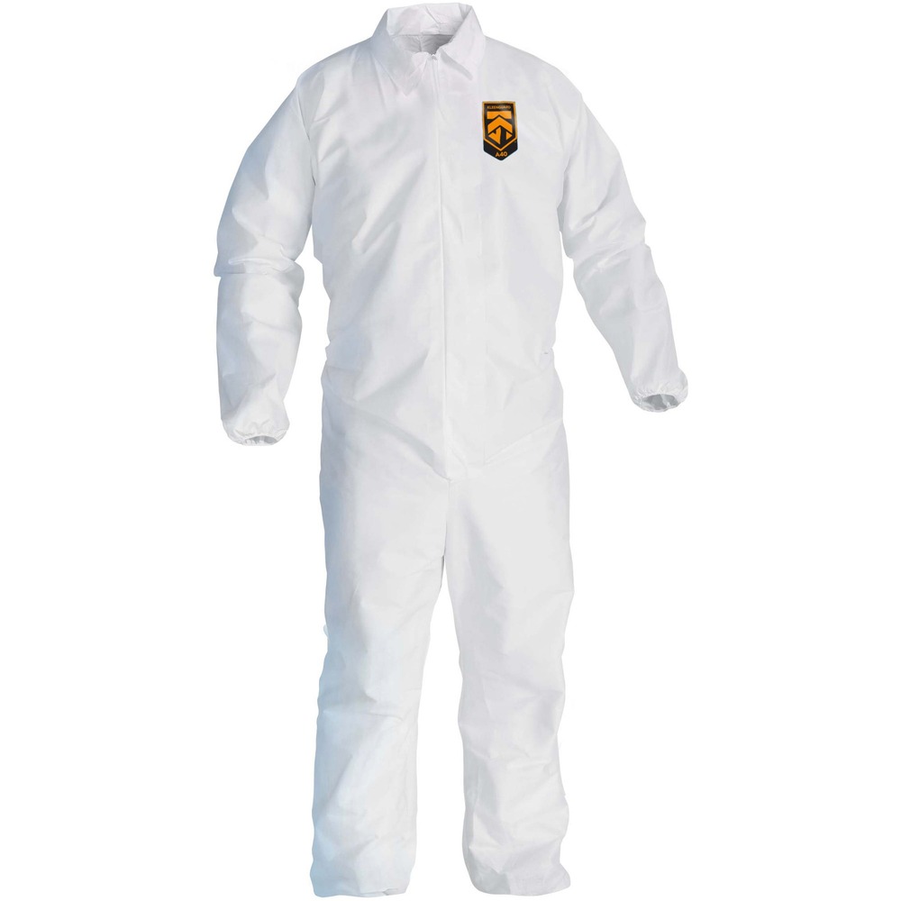 KCC44316 - Kleenguard A40 Liquid and Particle Protection Coveralls offer your team comfortable clothing to wear as they work. KleenGuard Personal Protective Equipment enables rather than inhibits maximum productivity and safety for you and your employees. Each protective suit comes with a zipper front and elastic wrists and ankles. Coveralls are made of breathable, microporous film to keep out debris, nonhazardous liquid chemicals and dry particulates. Kleenguard A40 material gives your employees a better liquid barrier and a better particulate barrier than Dupont Tyvek. These coveralls pass NFPA 99 for antistatic materials, pass ASTM F1670 testing for penetration of blood and bodily fluids, and meet the ANSI/ISEA 101-1996 sizing standards. Popular industries using this product include aviation, pharmaceutical manufacturing, liquid handling, general manufacturing and so much more.