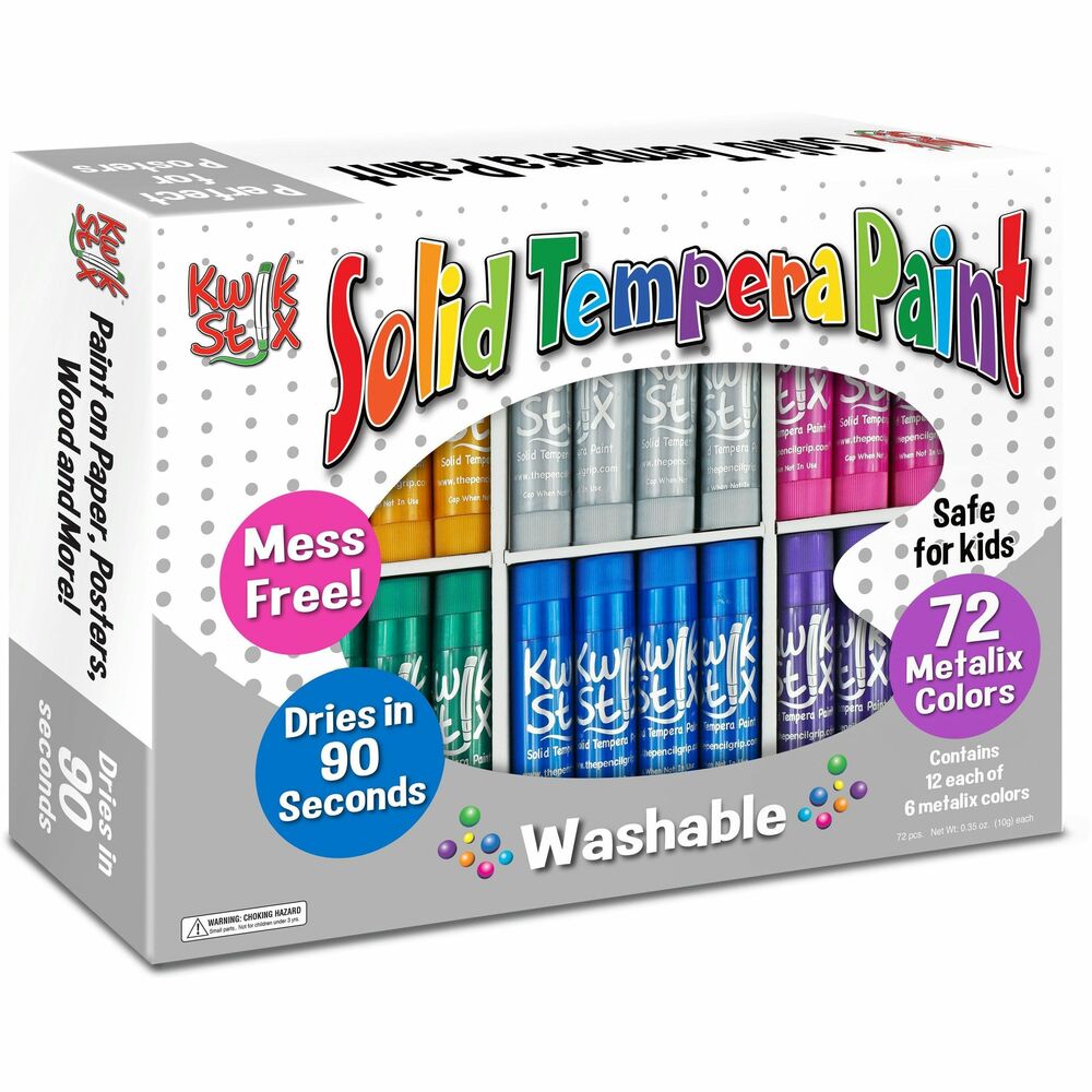 TPG629 - Enjoy mess-free painting with Metalik Kwik Stix. These tempera paint sticks take the mess out of painting while keeping all the fun. Simply uncap, twist and paint. Kwik Stix have a fast-drying formula that allows them to dry in 90 seconds while still leaving a paint-like finish. You won't need cups, smocks, water or brushes. Kwik Stix come in assorted vibrant colors with coverage that won't crack or fade. They work great on poster paper, cardboard, wood and canvas. Metalik Kwik Stix are nut-free, egg-free and gluten-free.