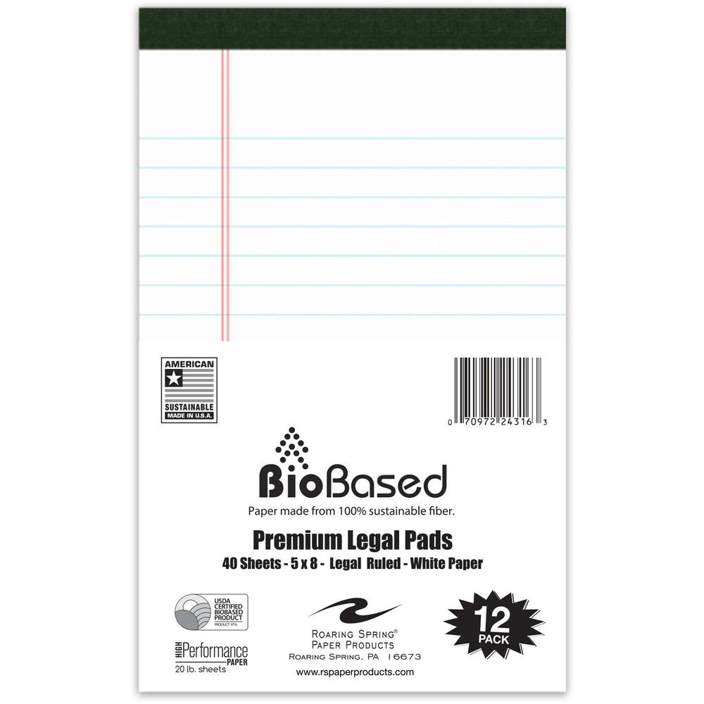 ROA24316 - Bio-preferred Legal Pad contains 20 lb. writing paper made with 30 percent post-agricultural bio-fiber produced from sugarcane residue and a high percentage of post-consumer material. Pad is a USDA Bio-Preferred product. High-performance, smooth paper allows writing on both sides. It features legal ruling in blue and red double-margin lines. Each pad contains 40 sheets that are microperforated for easy removal to a size of 5" x 7-1/4". The 34 point chipboard back adds stability and offers reliable writing support. Pad is stapled and taped at the top for easy use by the left-handed or right-handed.