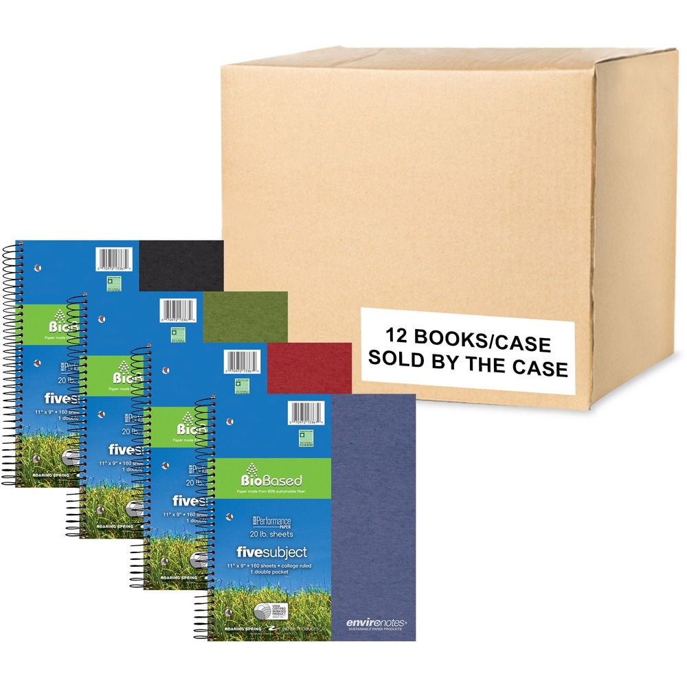ROA13367CS - Environotes BioBased Notebook with double pocket is perfect for the environmentally conscious. Wire ends are coil-locked for snag-proof performance. Smooth, white, 20 lb. writing paper is college-ruled with a red margin line and is microperforated for easy, clean removal. Paper is produced from 30 percent sugarcane post-agricultural fiber and post-consumer content. High-performance sheets allow writing on both sides. Notebook carries the USDA Bio-Preferred Certification. Front covers are produced from recycled, 25 point Reprise board and come in assorted Earthtone colors: dark red, black, dark blue and green. Back cover is made of heavy-duty, 50 point gray chipboard.