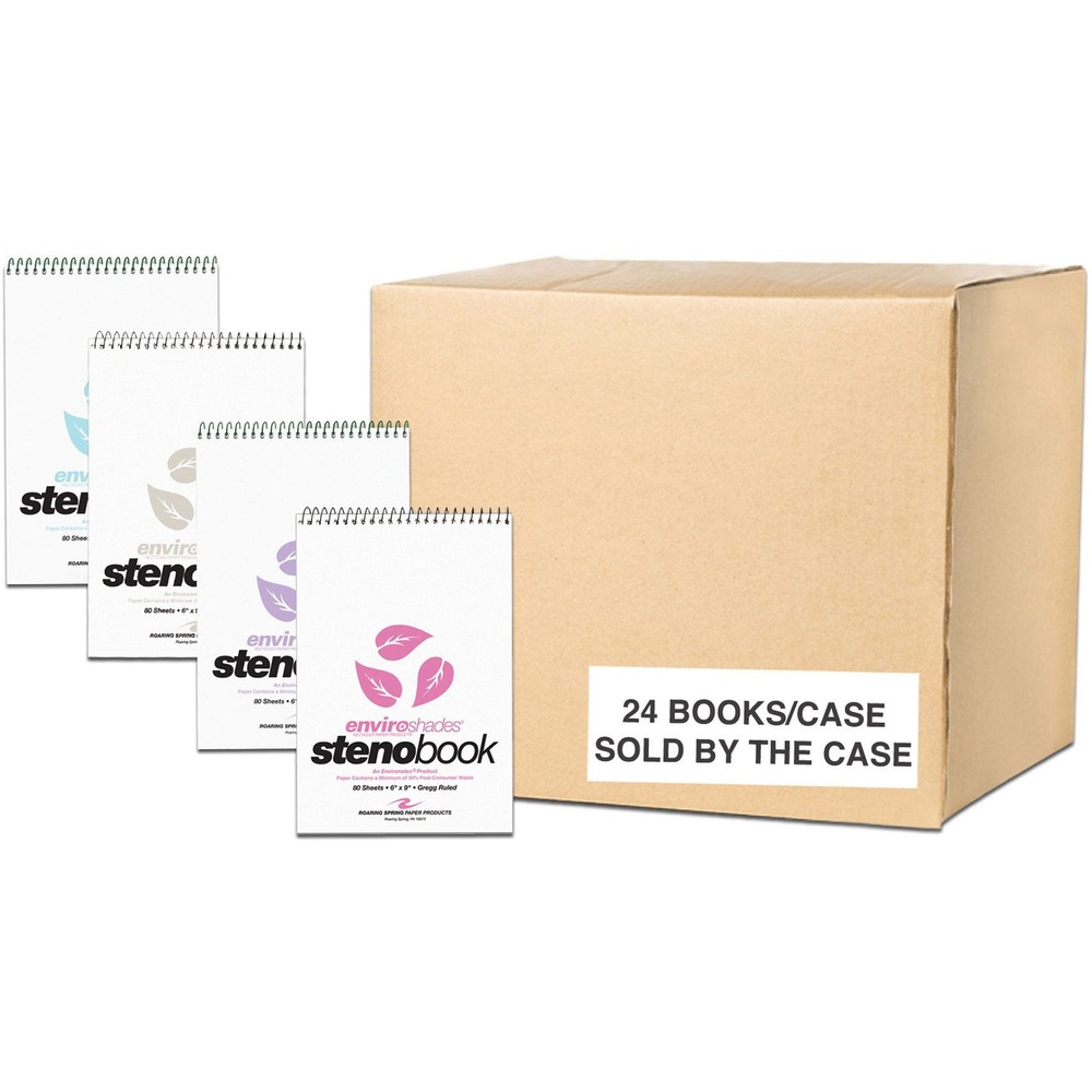 ROA12354CS - Brighten up your desk using these steno books with color paper. Smooth, pastel, 15 lb. writing paper is Gregg-ruled with a center line in gray ink. Recycled paper in Enviroshades Steno Books comes in four different colors. Paper is a solid color in each book. Covers are printed on a heavy-duty white board. Wire ends are coil-locked for snag-proof performance. Each book is 6" x 9" and contains 80 sheets of writing paper.
