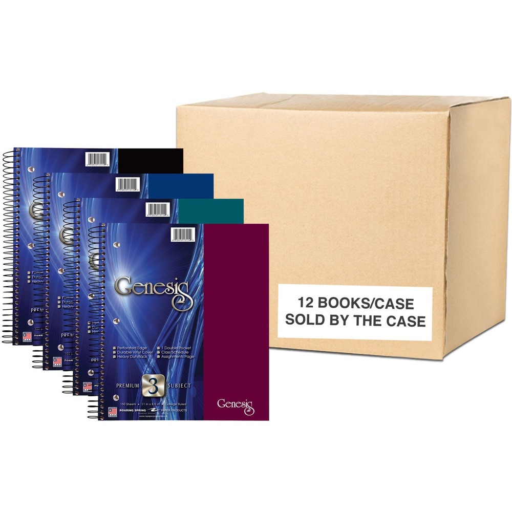 ROA13114CS - Genesis Wirebound Notebook features a durable poly cover with an extra-heavy chipboard back and black spiral wire binding. Smooth, white, 15 lb. paper is college-ruled with a red margin and microperforated for easy, clean tear-out. One double-storage pocket is located under the front cover, and subject dividers are located after the 50th and 100th sheets. Wire ends are coil-locked for snag-proof performance. The 19 point poly comes in black, blue, red and green.