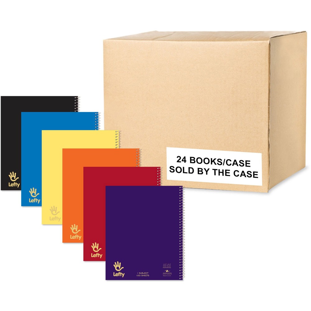 ROA13505CS - With the wire binding on the right side, these Left-Handed One-subject Notebooks are perfect for left-handed note-takers. Smooth, white, 15 lb. writing paper is wide-ruled with a red margin line. Ends of the spiral wire are coil-locked for snag-proof performance. Covers are printed on Saranac board and come in assorted colors. Each 8-1/2" x 10-1/2" book contains 100 sheets of perforated paper.