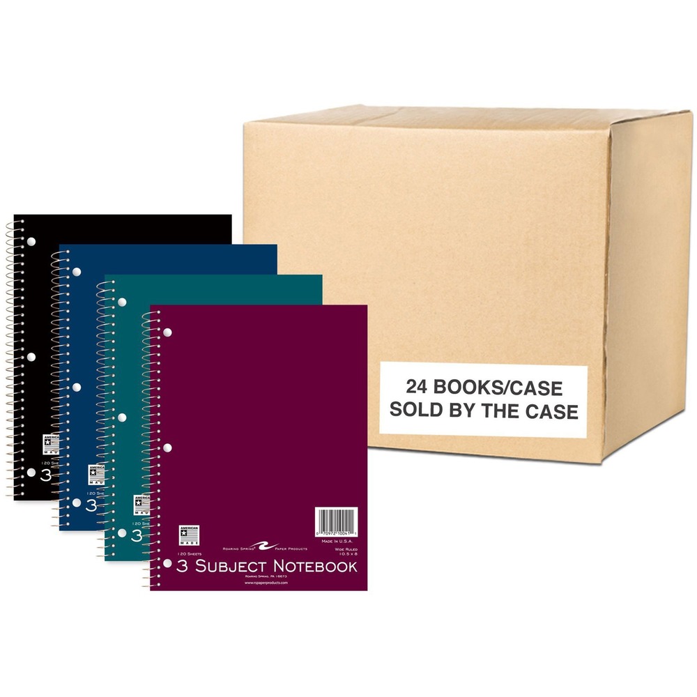 ROA10041CS - These three-subject, wire-bound notebooks are perfect for juggling multiple classes or projects. Smooth, white, 15 lb. writing paper is wide-ruled with a red margin. Ends of tin spiral wire are coil-locked for snag-proof performance. Covers are printed on a bright board and come in four assorted colors: red, blue, black and green. Each 10-1/2" x 8" book contains 120 sheets of writing paper and two subject dividers. It is three-hole punched along the 10-1/2" binding edge so it can easily fit inside letter-size, three-ring binders. Sheets are not perforated.