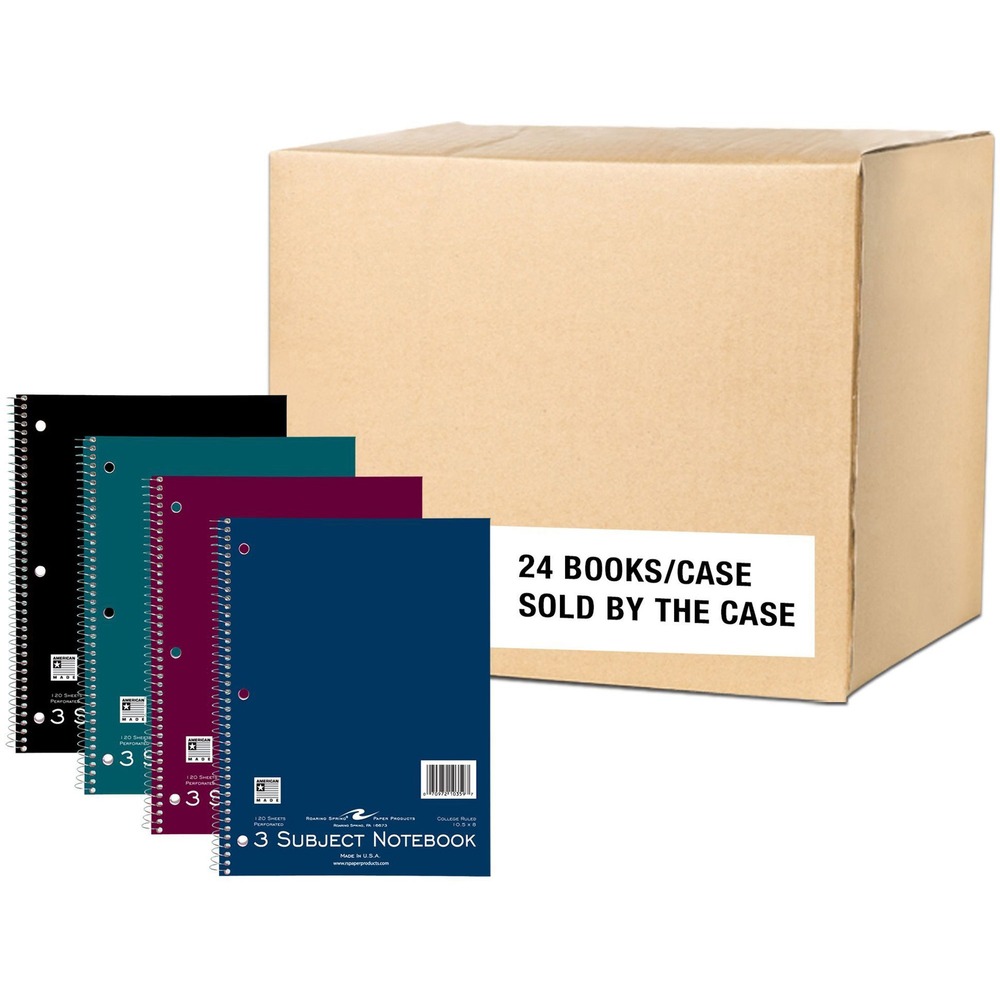 ROA10359CS - These wire-bound notebooks are perfect for science classes, doodles or just note-taking. Smooth, white, 15 lb. writing paper is college-ruled. Ends of the spiral wire are coil-locked for snag-proof performance. Covers are printed on a bright board and come in assorted colors. Each notebook contains perforated paper and is three-hole punched along the binding edge so it can easily fit inside letter-size, three-ring binders.
