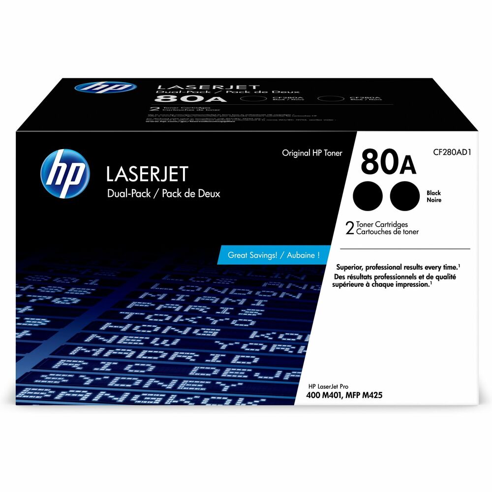 HEWCF280AD1 - Toner cartridge delivers sharp detail and consistent gray scale for charts and graphs so you get business-quality results on a wide range of laser papers. Make an impact with professional-quality, black/white documents and crisp, black text. Keep printing costs low while maintaining productivity. HP toner cartridges deliver consistent, uninterrupted printing. Because cartridge is designed for exceptional reliability, you avoid wasted supplies and expensive delays. Replacement cartridge is quick and easy to install. Cartridge is designed for use with HP LaserJet 400 M401n, M401dne, M401dn, M401dw and M425dn. Each cartridge yields approximately 2,700 pages. More from the Manufacturer