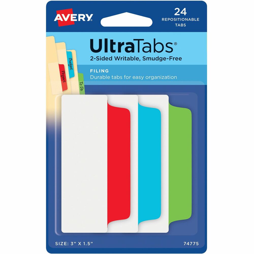 AVE74775 - Filing Ultra Tabs turn any page into a professional and well-organized filing document. File tabs are great for quick, easy indexing, marking and referencing of documents and file folders. Write on both sides of these durable tabs. Adhesive body is clear so you can see text underneath. You can write on these page tabs with most pens, pencils, markers and highlighters. They're smudge-free (ink dry times may vary; may lift some inks). These repositionable tabs stick securely, but remove cleanly and easily for multiple uses. Perfect for home organization, use these sticky tabs as page flags in magazines or index tabs in cookbooks. Students, teachers and administrators will find it easy to highlight textbooks and notes without marking the pages. At the office, make quick and easy sticky notes in your weekly or monthly planner and mark items in a report or presentation for referencing, follow-up or signatures. Tab colors include eight each of red, blue and green.