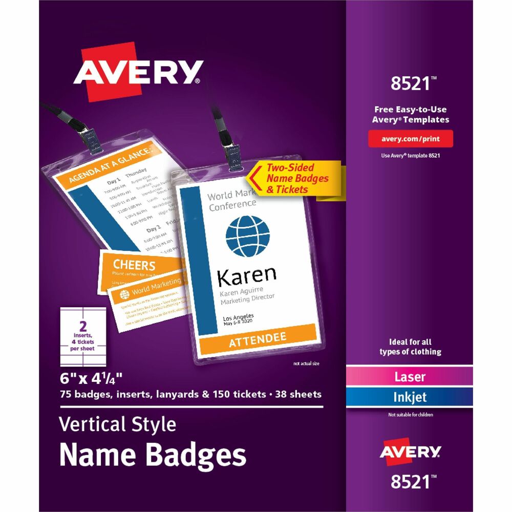 AVE8521 - Make a big impression with these vertical, custom name badges and tickets with lanyards. Vertical layout offers more room for big graphics or extra information such as agendas, schedules and more. Each ID badge insert includes two detachable tickets perfect for complimentary drink tickets, parking tickets or even raffle tickets. Importing names, job titles and company logos is fast and easy with the free, online design software with hundreds of free designs and Avery templates to help you easily create professional-quality, personalized name tags. Microperforated, blank name badge inserts and tickets are printable on both sides and optimized for laser and inkjet printers. Durable badge holders made of clear PVC plastic are reusable for everyday use and display names clearly. Pocket-style design makes loading inserts quick and easy. Use the included lanyards to keep name badges accessible and in place without damaging clothing during conventions, trade shows, festivals and more.