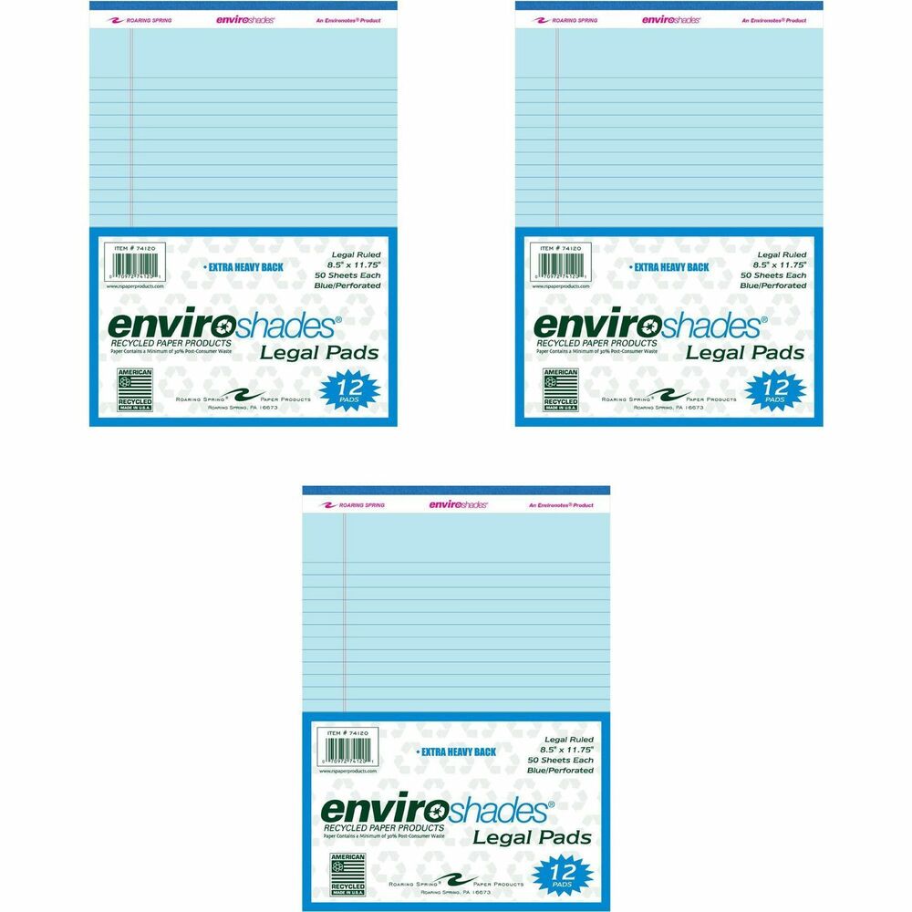 ROA74120CS - Brighten up your desk using these writing pads with color paper. Each Enviroshades Legal Pad contains 50 sheets of writing paper. Smooth, pastel, 15 lb. recycled paper features legal ruling in blue and red double-margin lines. The 8-1/2" x 11-3/4" sheets are microperforated for easy removal. Tear-out size is 8-1/2" x 11". Extra-thick chipboard backs (50 point) add stability and offer writing support. Sheets and backs are stapled and tapebound.
