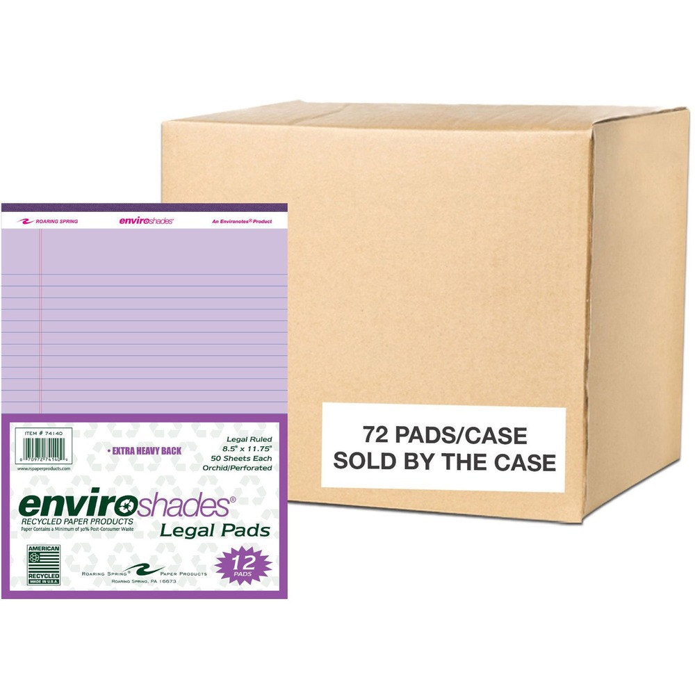 ROA74140CS - Brighten up your desk using these writing pads with color paper. Each Enviroshades Legal Pad contains 50 sheets of writing paper. Smooth, pastel, 15 lb. recycled paper features legal ruling in blue and red double-margin lines. The 8-1/2" x 11-3/4" sheets are microperforated for easy removal. Tear-out size is 8-1/2" x 11". Extra-thick chipboard backs (50 point) add stability and offer writing support. Sheets and backs are stapled and tapebound.