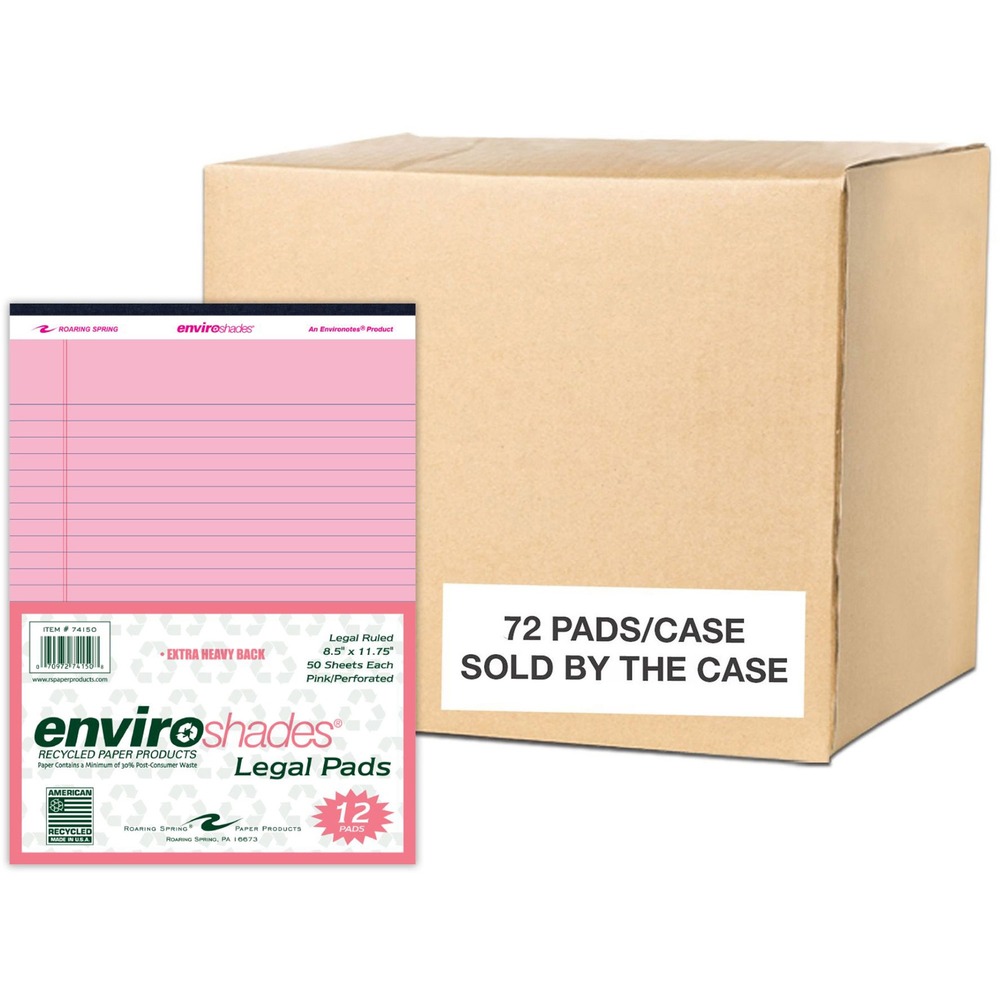 ROA74150CS - Brighten up your desk using these writing pads with color paper. Each Enviroshades Legal Pad contains 50 sheets of writing paper. Smooth, pastel, 15 lb. recycled paper features legal ruling in blue and red double-margin lines. The 8-1/2" x 11-3/4" sheets are microperforated for easy removal. Tear-out size is 8-1/2" x 11". Extra-thick chipboard backs (50 point) add stability and offer writing support. Sheets and backs are stapled and tapebound.