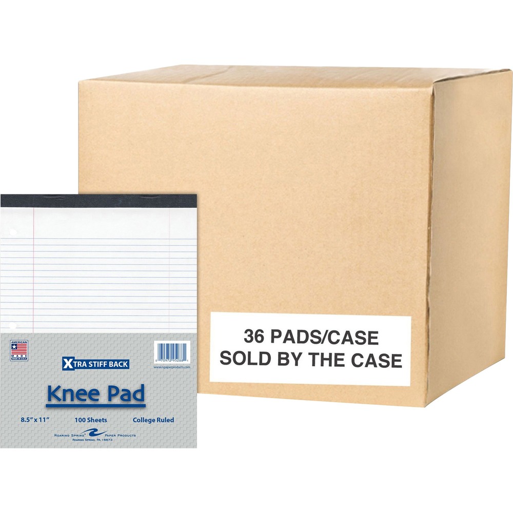 ROA95288CS - Xtra Stiff Back Knee Pad offers convenient way for note-taking even away from your desk. Extra-heavy chipboard backs (80 point) allows use on your lap or on-the-go. Smooth, 15 lb. paper is college-ruled with a red margin line. Sheets are microperforated for easy removal. Tear-out size is 8-1/2" x 11". The three-hole punched edge fits in standard three-ring binders. Each 100-sheet pad is stapled and taped along the top so it's easy to use for left-handed and right-handed note-takers.
