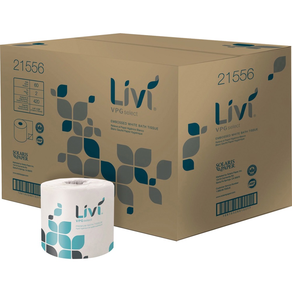 SOL21556 - Consistently deliver high-quality performance that exceeds customer's expectations, Livi VPG Select Bath Tissue uses virgin Rapidly Renewable Fiber (RRF) from acacia and eucalyptus trees. The result is a bright-white, embossed bath tissue that is exceptionally soft to the touch yet strong where it needs to be. Luxurious softness, thickness and increased absorbency make this the perfect bath tissue for Class A office buildings and mid-to-upscale locations desiring an improved restroom image. Two-ply roll and contemporary packaging deliver a great impression on both sides of the stall door. Each individually wrapped roll contains 420 sheets (4.48" x 3.98").