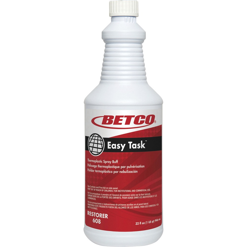 BET6081200 - This spray buffing compound combines detergents, thermoplastics and solvent for the answer to terrific-looking floors. Easy Task Thermoplastic Spray Buff provides effective repair of all floor finish types. Simply spray on floors and polish with a spray buff pad to easily remove black heel marks, scuffs and scratches leaving a wet look gloss. Regular use of this spray buff will allow you to reduce stripping and re-waxing procedures by more than 75 percent. Spray buff leaves floor finish very hard and durable yet slip-resistant. Excellent lubricity of pad surface yields a higher shine. Versatile spray buff with clean bouquet fragrance is the perfect product for use with conventional and high speed equipment. The milky green liquid dries clear. Trigger spray is sold separately.