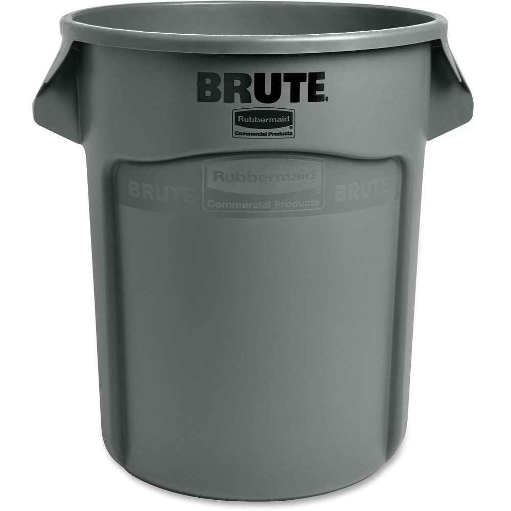 RCP262000GYCT - Stackable Brute container without lid features innovative solutions for making refuse collection and storage more efficient. Innovative venting channels make lifting out liners up to 50 percent easier, improving productivity and reducing the risk of injury. Integrated cinches secure the liner, allowing efficient knot-free liner changes. Proprietary design constructed with the highest-quality material plus a UV inhibitor ensures long life in even the most extreme commercial environments. It will not fade, warp, crack or crush. Seamless construction makes cleaning the round container easier. Reinforced base is specifically engineered to be dragged over rough surfaces, extending life and overall durability, even in the toughest environments. Rounded handles make lifting and moving easier. Contoured base handles improve grip and ergonomics, reducing strain and improving efficiency when emptying containers. Rim features integrated rib structure to increase strength and resist crushing.