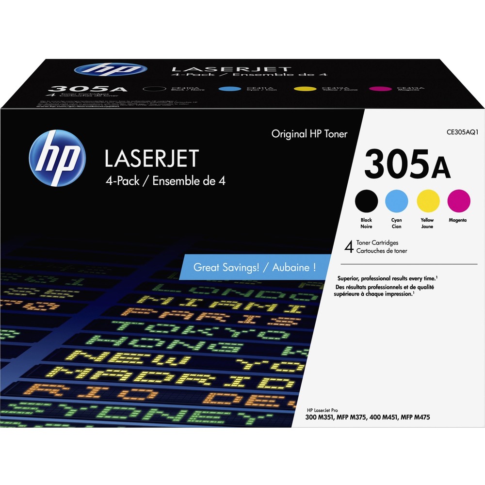 HEWCE305AQ1 - Make a professional impact by printing rich text documents and marketing materials using these HP Original LaserJet Toner Cartridges. Set includes one black cartridge, one cyan cartridge, one magenta cartridge and one yellow cartridge. HP 305A toner cartridges are designed for use with HP LaserJet Pro 300 Color M375nw MFP; 400 color M451nw, M451dn, M451dw, M475dn MFP, and M475dw MFP. Original HP LaserJet toner delivers crisp black text and grayscale graphics for business-quality results on a wide range of laser papers. Keep printing costs low while maintaining productivity. Because cartridges deliver exceptional reliability and consistent, uninterrupted printing, you avoid wasted supplies and expensive delays. HP's all-in-one cartridge design makes replacement quick and easy. Black cartridge yields approximately 1,520 pages. Each color cartridge yields approximately 1,800 pages. More from the Manufacturer