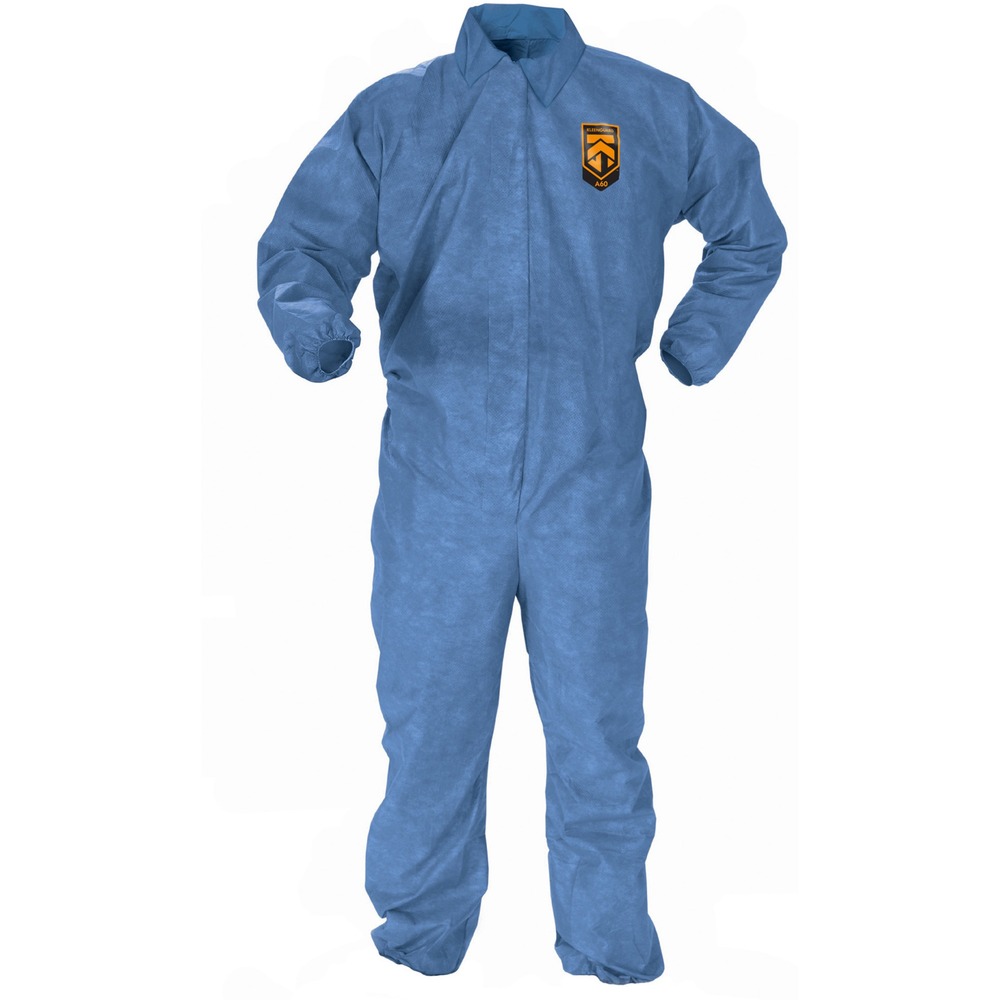 KCC45004 - KleenGuard A60 Bloodborne Pathogen & Chemical Splash Protection Coveralls enable rather than inhibit, allowing maximum productivity and safety for you and your employees. When you have a sensitive job to tackle - like working in a crime lab, crime scene cleanup, forensic uses, embalming, research and emergency medical response - this chemical-resistant suit is a great solution. They are designed to protect the wearer, passing the ASTM F1670/F1671 test for penetration of blood, body fluids and bloodborne pathogens, and providing protection against some chemicals. Reflex Coverall Design provides a fuller cut for added range of motion, is 7.5 less likely to rip out (vs. ANSI minimums), and offers 6 percent longer body length and 12 percent more chest room. This model comes with a zipper front (with storm flap) and elastic wrists.