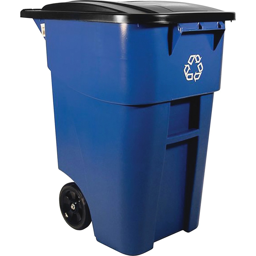 RCP9W2773BECT - Brute Recycling Rollout Container with lid offers easy mobility for bulk recycling. It can serve as a central collection container or shipping container, reducing the amount of handling. Heavy-duty, well-balanced design delivers added stability in high winds and on uneven surfaces. Heavy-duty wheels roll easily, even over steps or curbing so you can transport recyclable waste with ease and efficiency. Inset wheels enable easy movement without damaging walls and doorways. Molded-in catch bar is compatible with virtually any automated lift system. Attached hinged lid fits snugly and swings back and locks into place. One-piece seamless construction means superior durability and easy cleaning. Rollout container is made with post-consumer resin, exceeding EPA guidelines.