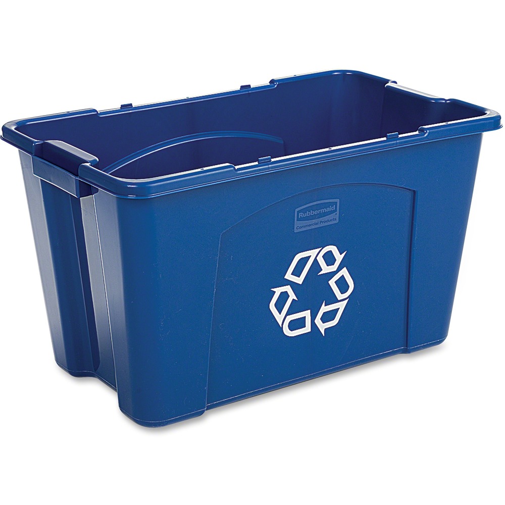 RCP571873BECT - Recycling box is ideal for areas of high paper generation, such as near copiers, printers and in mailrooms, to collect computer paper. It is stackable for convenient use of multiple containers at one time and nestable for easy storage and shipping. Built-in handles make lifting and carrying easy. Texture and design prevent liquid and debris buildup so the container is easy to clean. Container holds 18 gallons. Linear, low-density polyethylene withstands harsh weather conditions and heavy use to prevent cracking, denting or bowing when place outdoors for pickup.