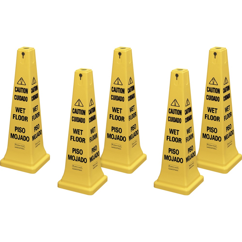 RCP627677CT - 36" high safety cone offers a highly visible, bright-yellow, hazard protection system. Each side reads "Caution" and "Wet Floor" in Spanish and English. Versatile top design accommodates barricade belt, flashing light and lock-in sign holder. Four-sided shape allows efficient stacking. Multilingual warning messages and symbols allow effective communication for broad audiences. Molded-in slots allow easy handling. Safety cone is made of sturdy plastic. Color and graphic are ANSI-compliant and OSHA-compliant.