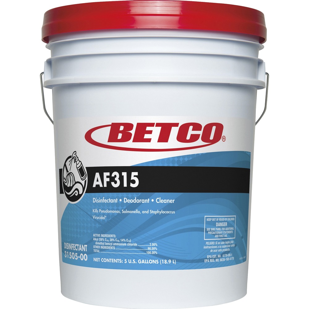 BET3150500 - This neutral pH disinfectant cleans, disinfects and deodorizes in one step. Formulated to aid in reducing cross-contamination, it kills HIV-1 (AIDS) on precleaned surfaces/objects. It removes gross filth or heavy soil and thoroughly cleans surfaces. When used as directed, AF315 is effective against a wide variety of gram-positive and gram-negative bacteria. The effective, concentrated cleaning product will not dull most floor finishes while providing long-lasting freshness against tough odors. Use in electrostatic sprayers for full 360-degree disinfection (follow sprayer and chemical use instructions). Add 5 oz. per gallon of water to disinfect hard, precleaned nonporous surfaces. You can apply AF315 with cloth, mops or sponges.