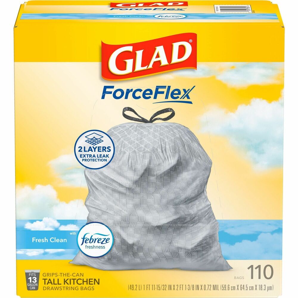 CLO78563 - Let the stretchable strength of Glad ForceFlex handle all the messes your busy daily life can throw at you and then some. Glad Tall Kitchen Drawstring Trash Bags are designed with ForceFlex technology to give extra flex as it expands around sharp edges and heavy loads so you can pack it in while resisting tears, rips and punctures. They are designed with two layers for extra leak protection. RipGuard and LeakGuard technology prevent seepage of liquids and keep trash contained. Fight nasty kitchen odors with the exclusive Glad trash bag combination of steady release of Febreze freshness and irresistible Gain Fresh Clean scent that traps, locks and neutralizes odors. Durable Grips The Can Drawstring ensures a tight grip on the trash can to keep it in place. Take the trash to the curb with no fear of leaks and tears, and no frustration.