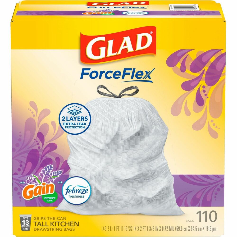 CLO79157 - Let the stretchable strength of Glad ForceFlex handle all the messes your busy daily life can throw at you and then some. Glad Tall Kitchen Drawstring Trash Bags are designed with ForceFlex technology to give extra flex as it expands around sharp edges and heavy loads so you can pack it in while resisting tears, rips and punctures. They are designed with two layers for extra leak protection. RipGuard and LeakGuard technology prevent seepage of liquids and keep trash contained. Fight nasty kitchen odors with the exclusive Glad trash bag combination of steady release of Febreze freshness and irresistible Gain Lavender scent that traps, locks and neutralizes odors. Durable Grips The Can Drawstring ensures a tight grip on the trash can to keep it in place. Take the trash to the curb with no fear of leaks and tears, and no frustration.