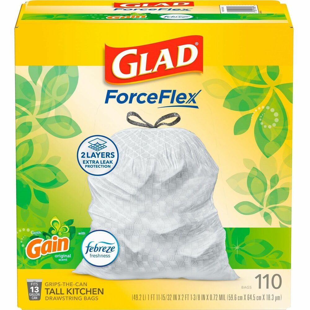 CLO79114 - Let the stretchable strength of Glad ForceFlex handle all the messes your busy daily life can throw at you and then some. Glad Tall Kitchen Drawstring Trash Bags are designed with ForceFlex technology to give extra flex as it expands around sharp edges and heavy loads so you can pack it in while resisting tears, rips and punctures. They are designed with two layers for extra leak protection. RipGuard and LeakGuard technology prevent seepage of liquids and keep trash contained. Fight nasty kitchen odors with the exclusive Glad trash bag combination of steady release of Febreze freshness and irresistible Gain Original scent that traps, locks and neutralizes odors. Durable Grips The Can Drawstring ensures a tight grip on the trash can to keep it in place. Take the trash to the curb with no fear of leaks and tears, and no frustration.