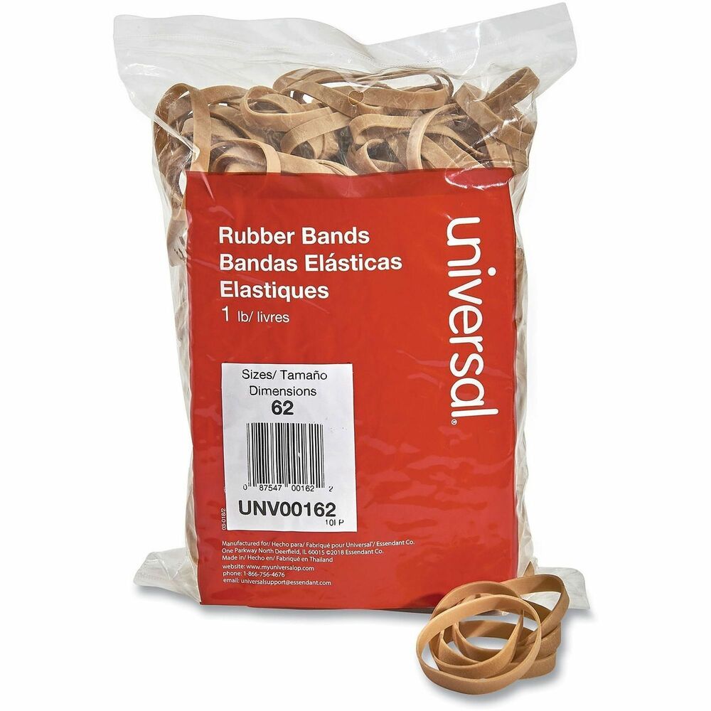 UNV00162 - General purpose rubber bands for home or office use. Approximate Band Count: 490; Band Trade Size: 62; Band Gauge: 0.04"; Band Width: 0.25".