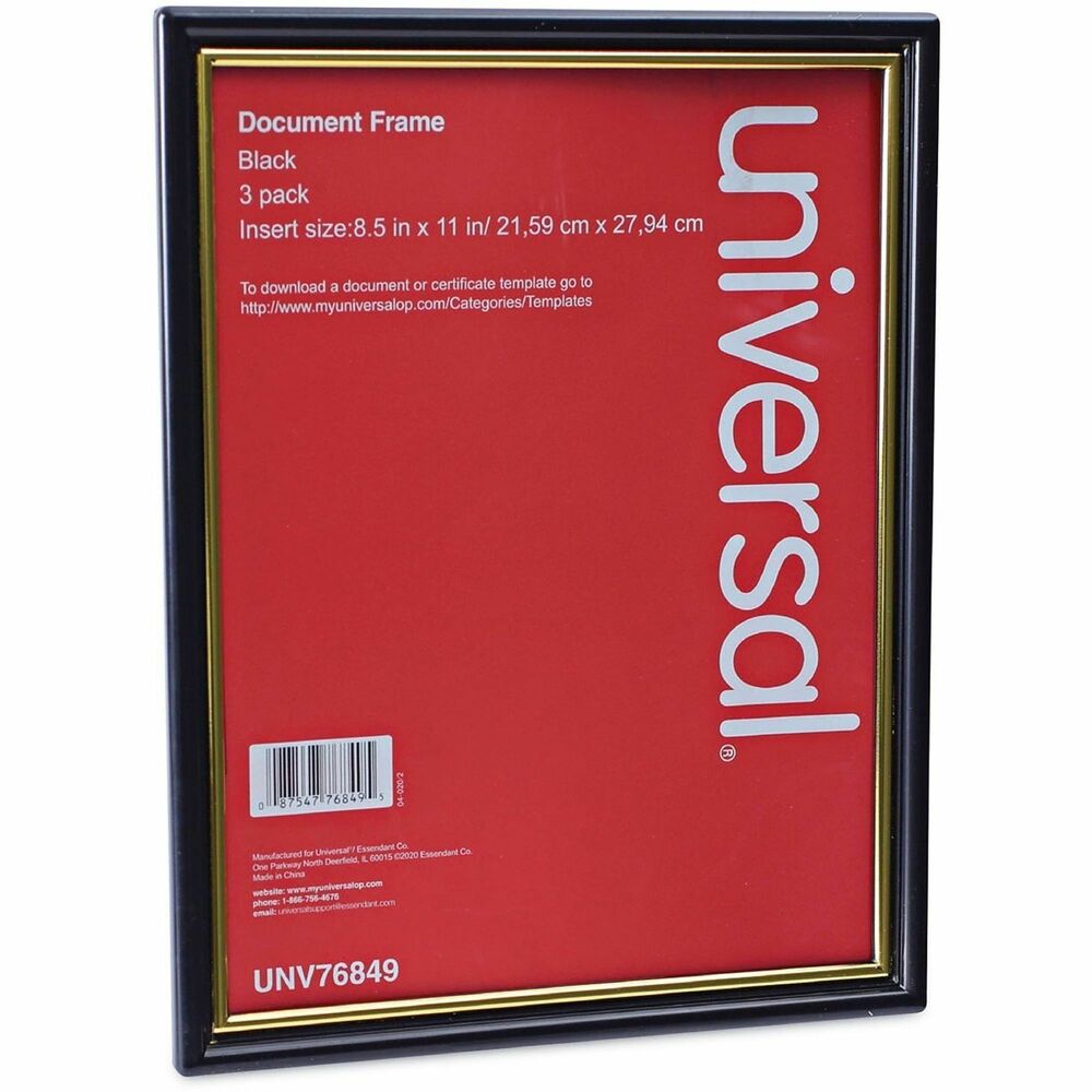 UNV76849 - All-purpose document frames are a great value choice for framing multiple documents. Plastic frames with clear plastic inserts to keep documents free of dust and dirt. Perfect for documents, digital photos, diplomas, awards and certificates. Die-cut backing includes cut-outs for vertical or horizontal display. Wide-Profile Black Frames-Value Pack - Stock up and save! Frame Type: Multipurpose; Frame Material: Plastic; Frame Color: Black/Gold; Color Family: Black.