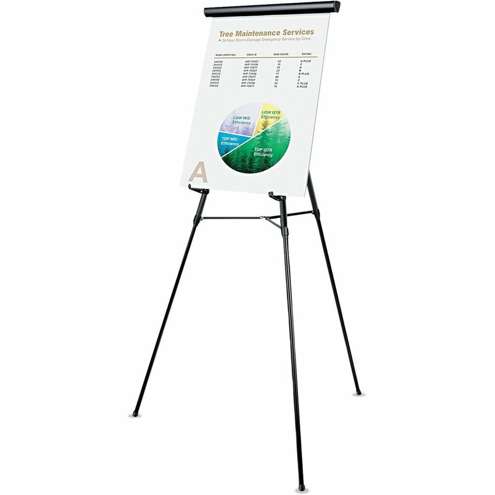 UNV43150 - Lightweight easel with adjustable 3/4" aluminum tubular legs that securely twist-lock. Fully adjustable height-extend to 64" floor display or downsize to 34" tabletop display. No-pinch pad retainer makes one-handed operation effortless. Use with or without easily attachable and adjustable pad holder that slides into position. Holds easel pad as large as 27" x 31 1/4" or only a single sheet. Conveniently downsize for storage and transport. Supports up to 25 lbs. of display materials. Locking cross-braces ensure stability. Antiskid feet prevent slipping. 