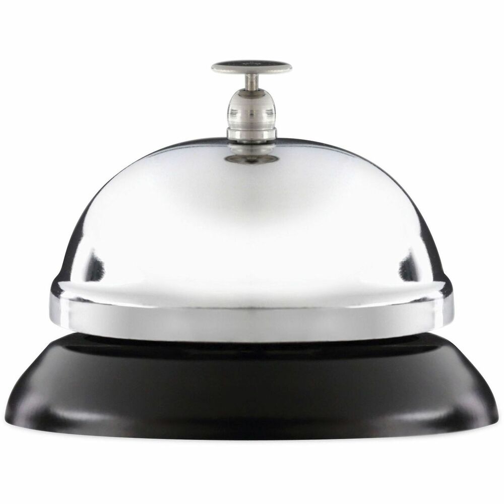 UNV10000 - Attention grabbing bell to alert staff when customers or clients arrive at the counter and need assistance. Easy to push bell that emits a clean, clear, distinguishing tone when pushed. Sleek, modern style features a nickel-plated bell with black base. Great for reception counters and customer service areas where people need service and can alert staff with a simple ring.