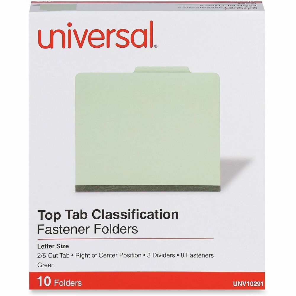 UNV10291 - Protect your paperwork with moisture-resistant classification folders. The multiple fasteners and dividers allow you to create subcategories for home or office filing. Customized filing allows you to simply sort and seek paperwork by subject or document type. 2/5-cut tabs with dividers provide space for labeling and easy file identification. Folders are built with heavyweight paper construction to withstand repeated use.